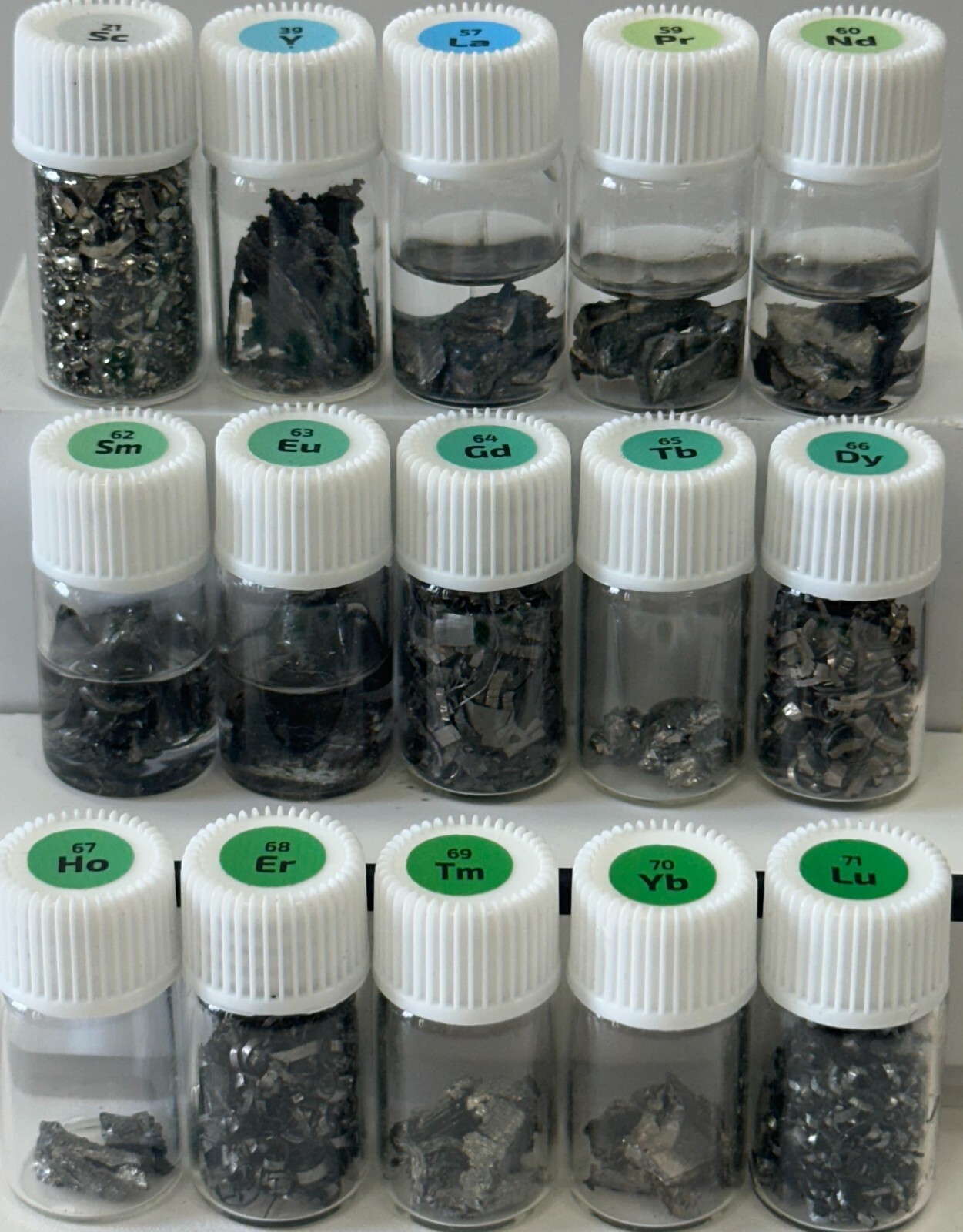 RARE EARTH Metals Set in Labeled Glass Vials, 99.9% 2 Grams Scandium Lutetium