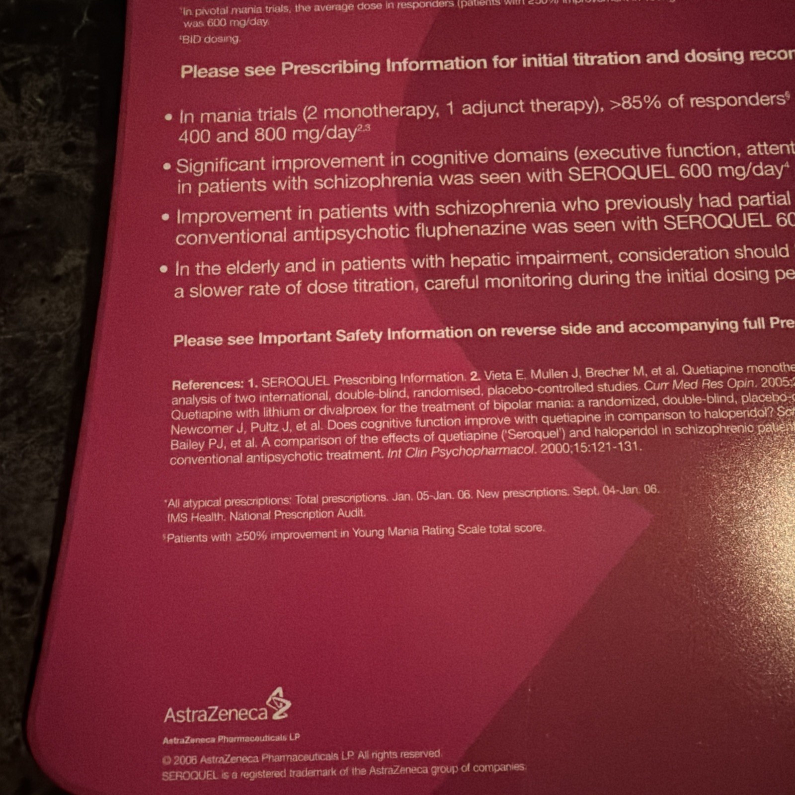 Seroquel New Tablet Size Clipboard Drug Rep Promo 2006 AstraZeneca