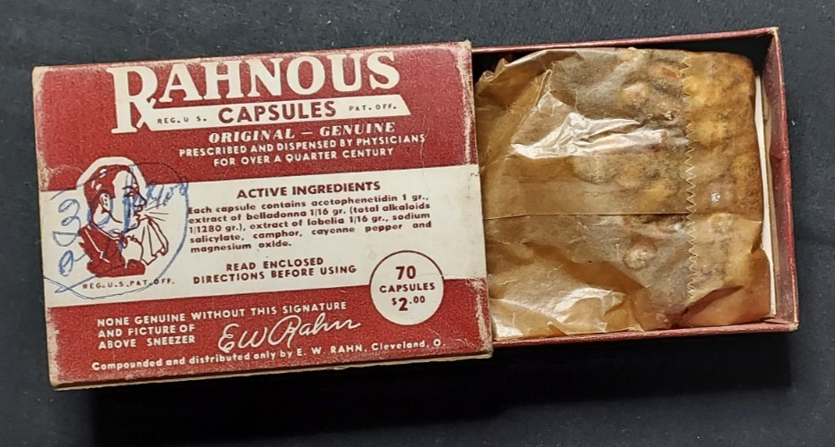New Old Stock Medicine Box Rahnous Capsules EW Rahn Cleveland OH Hay Fever Colds
