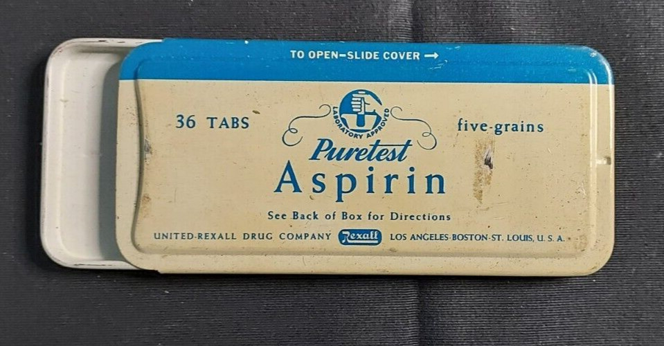 Old EMPTY Advertising Puretest Aspirin United Rexall Drug Co Los Angeles Boston