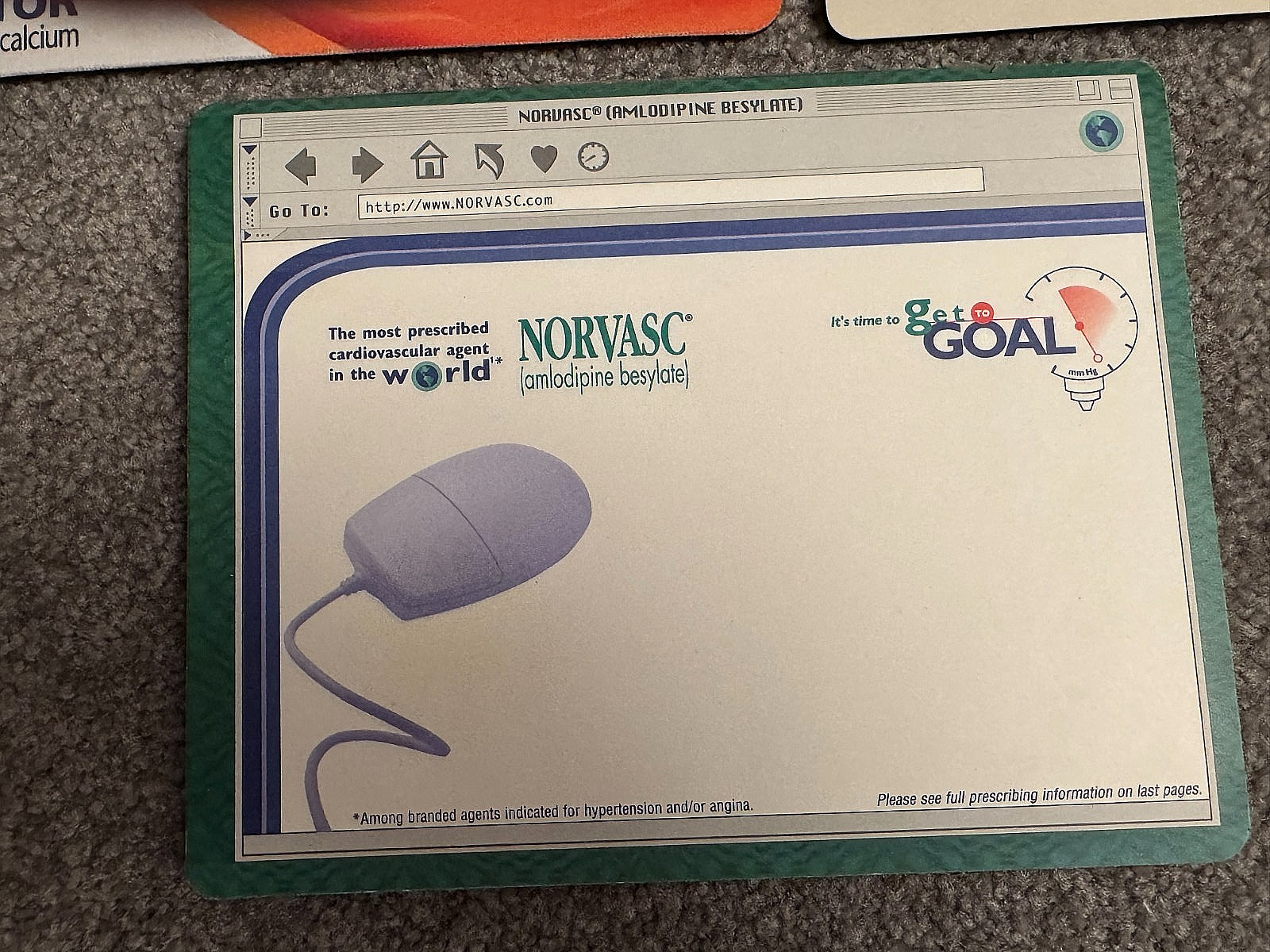from pharma rep: 2 unusual paper pads + 2 mouse pads (Crestor, Norvasc, Toprol)