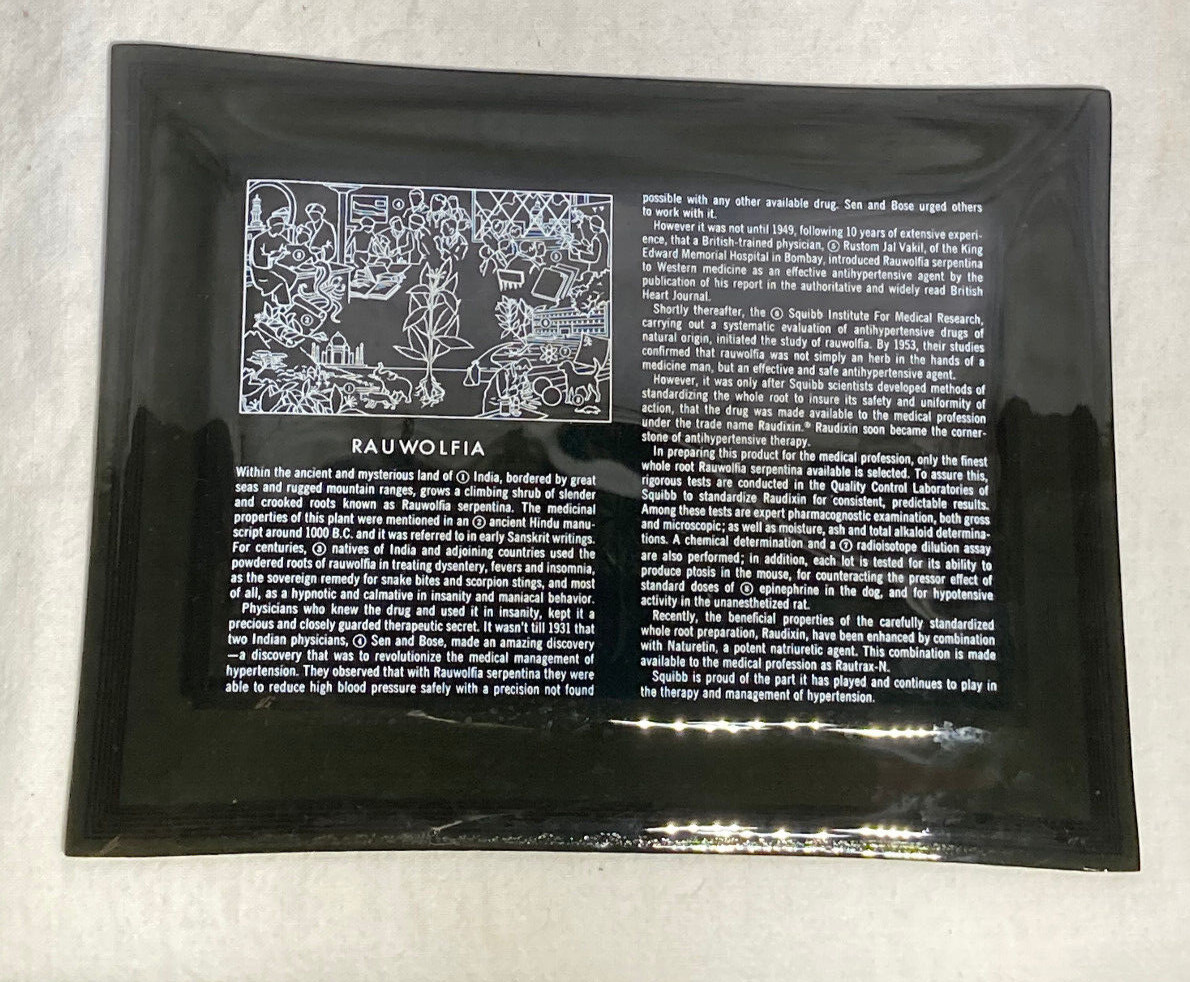 Vntg Squibb Pharmaceutical Rx Rauwolfia India Rectangle Glass Tray Plate Black