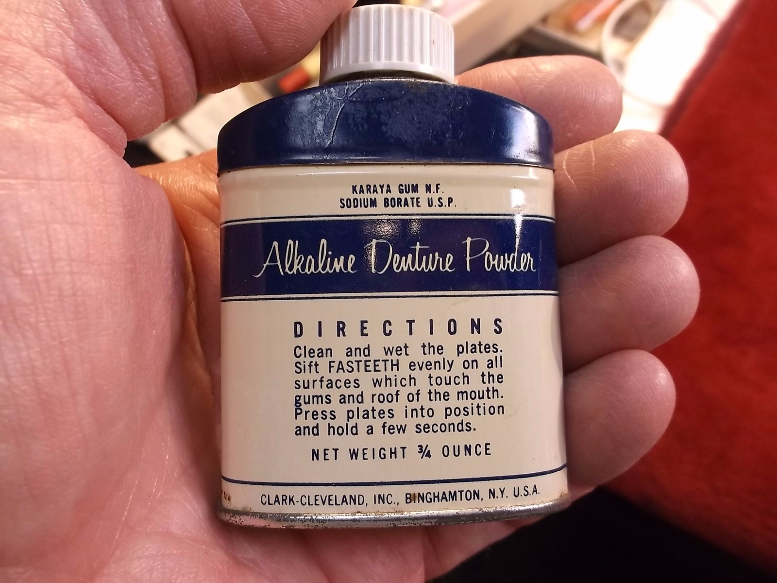 #4 of 4, NEAT OLD VTG ANTIQUE “FASTEETH” ALKALINE DENTURE POWDER TIN, & CONTENTS