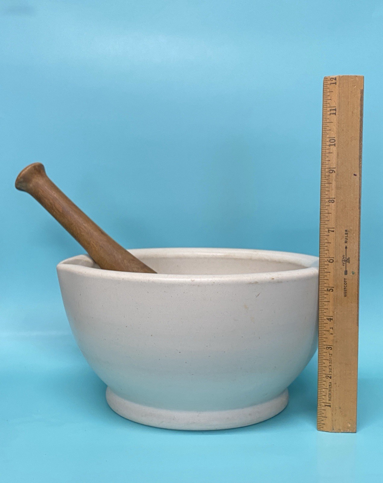 Vintage MORTAR & PESTLE Ceramic & Wood Pharmacy Apothecary HUGE 10” WH3