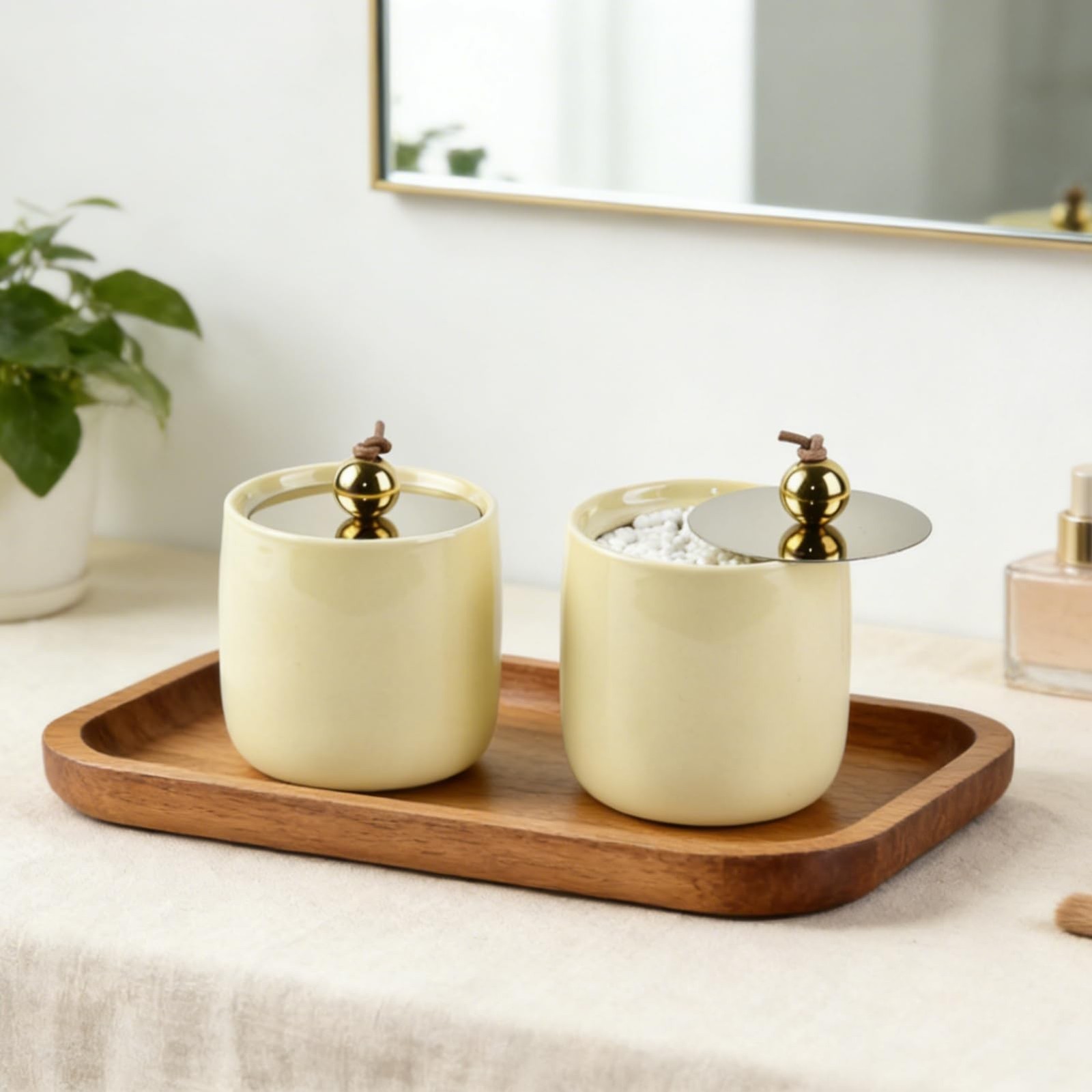 Ceramic Qtip Holder Dispenser with Gold Lids 2 Pack, Yellow Apothecary Jars B…