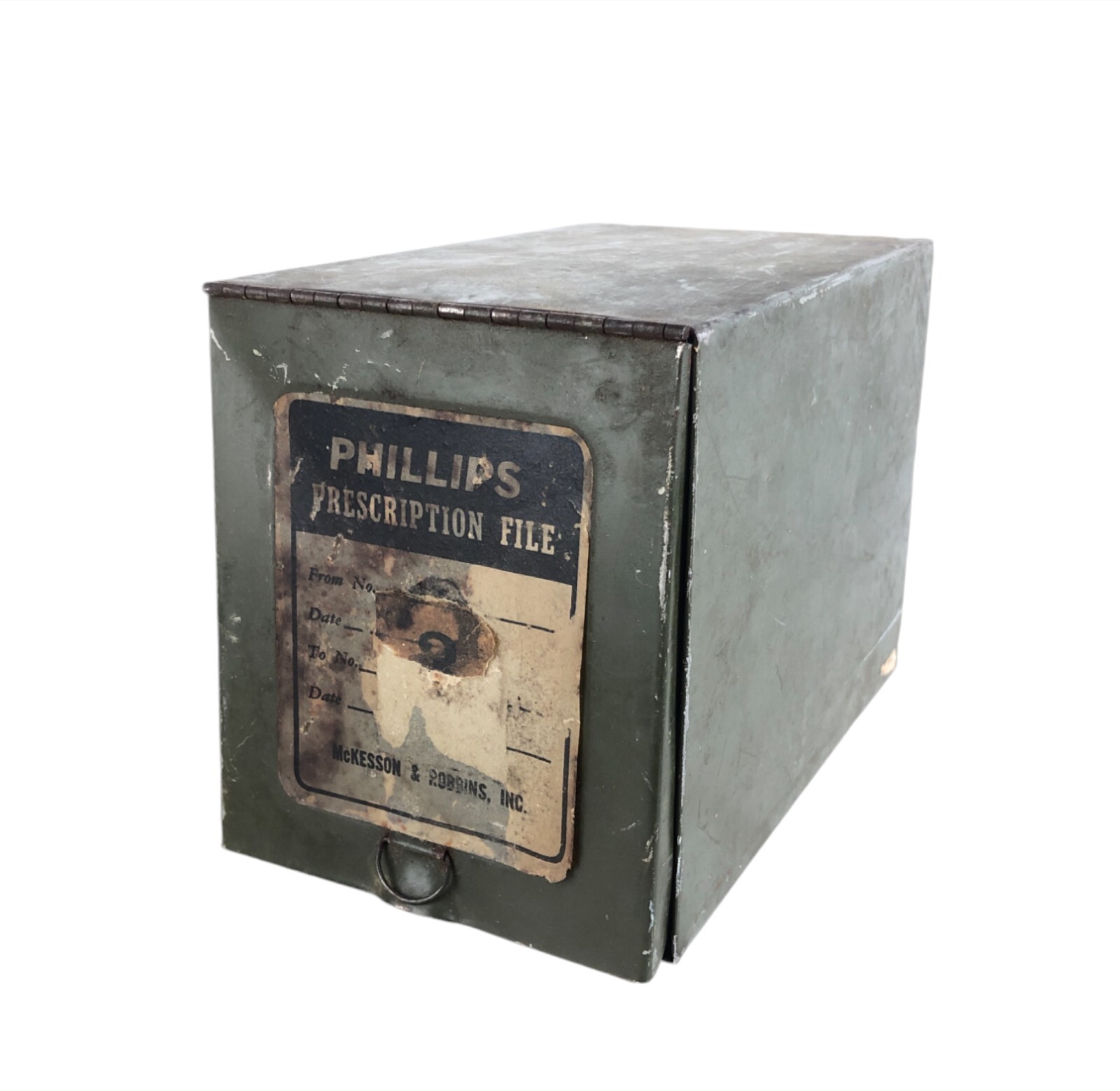 Vintage Phillips Prescription Metal File Box Columbia Drug Co 7.5 x 5.5 x 5.5″