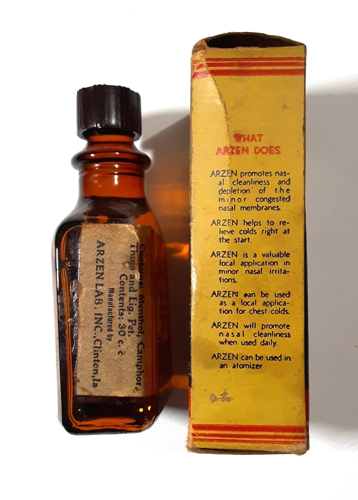 Vintage 1939 ARZEN NOSE DROPS Never-Used BOTTLE & BOX~Laboratories, CLINTON, IA.