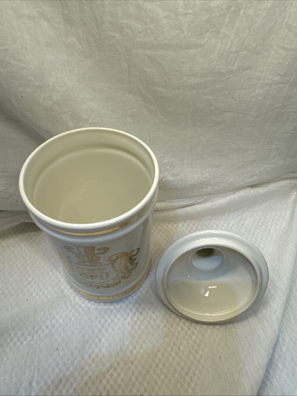 Vintage Pharmacy EXT OPii Canister Jar w/ Lid-Cream & Gold Trim-Owens Glass IL