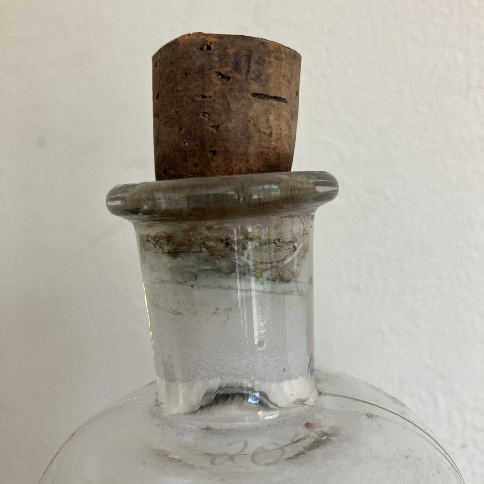 Antique Clear Glass Apothecary Bottle C1870, Green Stuff Inside! Cork Stopper