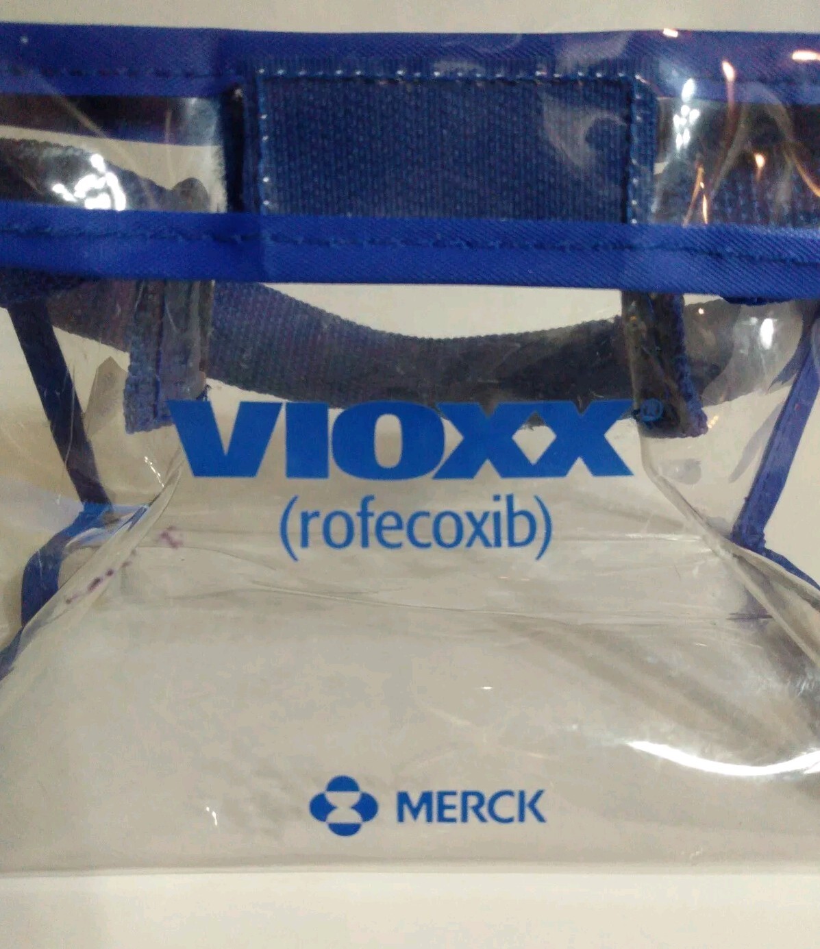 Vintage Vioxx Merck Plastic Vinyl Clear Bag Blue Hook And Loop Small Short Strap