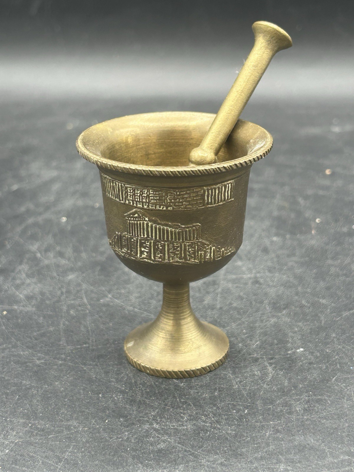 Vintage Small Brass Mortar and Pestle Set, Apothecary Parthenon Greece Design