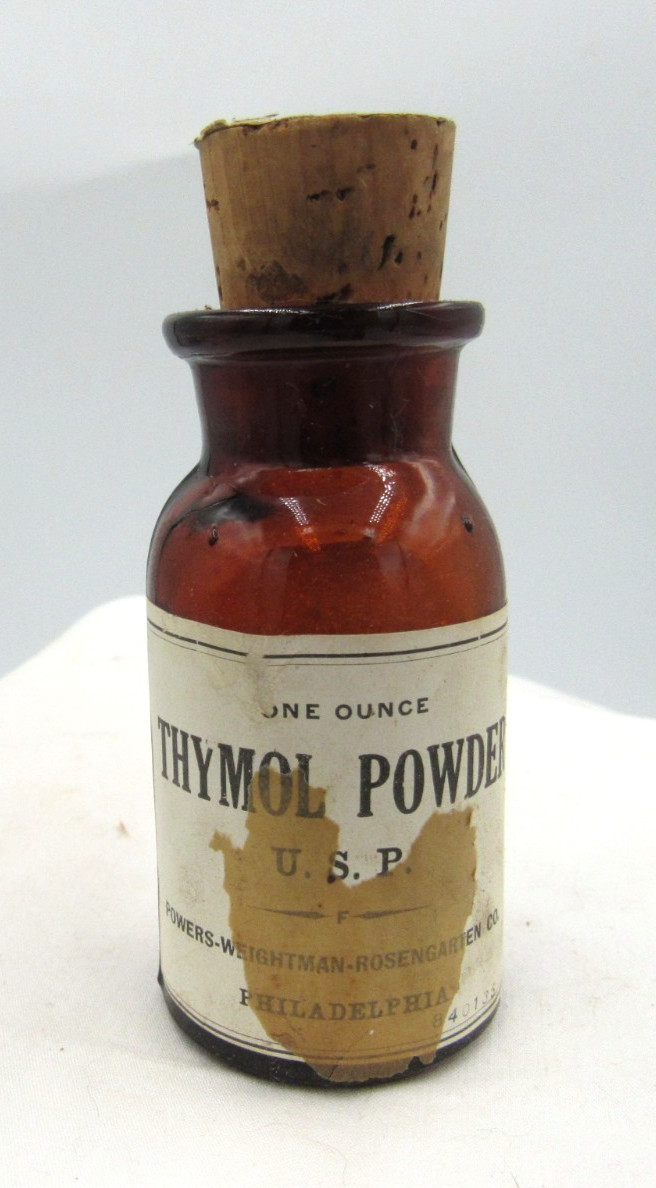 BW – 1890’s Powers Weightman Thymol Powder Philada PA 3 ” Amber Medicine bottle