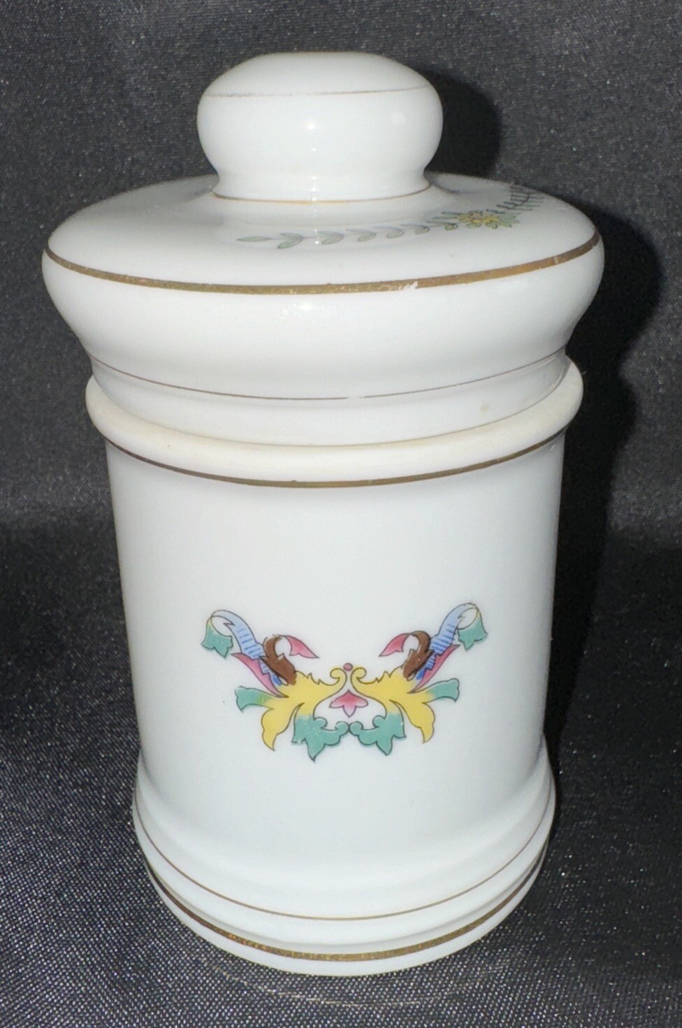 Porcelain Apothecary Jar Pulvis Gold Trim DOM Vintage Cotton
