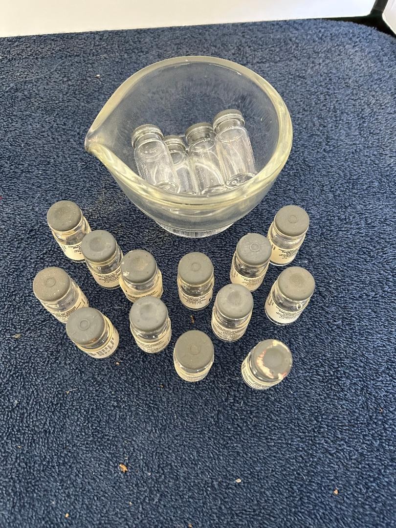 17 Phospholine Iodide Eye Drops glass Dessicant bottles & Rx glass mortar EMPTY
