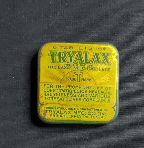 New Old Stock Medicine Tin Tryalax Chocolate Laxative Philadelphia Tryalox Mfg
