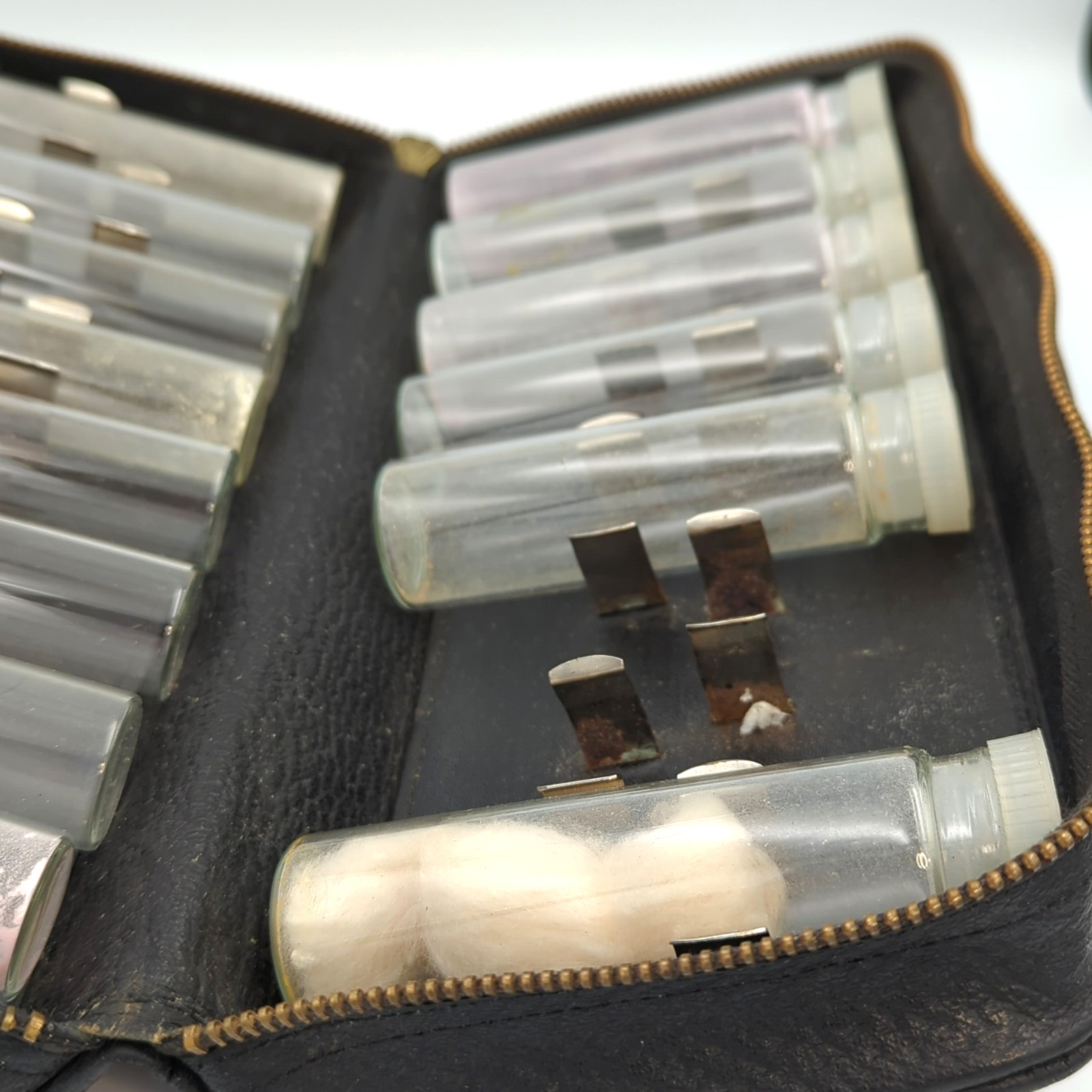 Vintage Medical Apothecary Travel Kit w/14 Glass Vials & Folding Leather Case