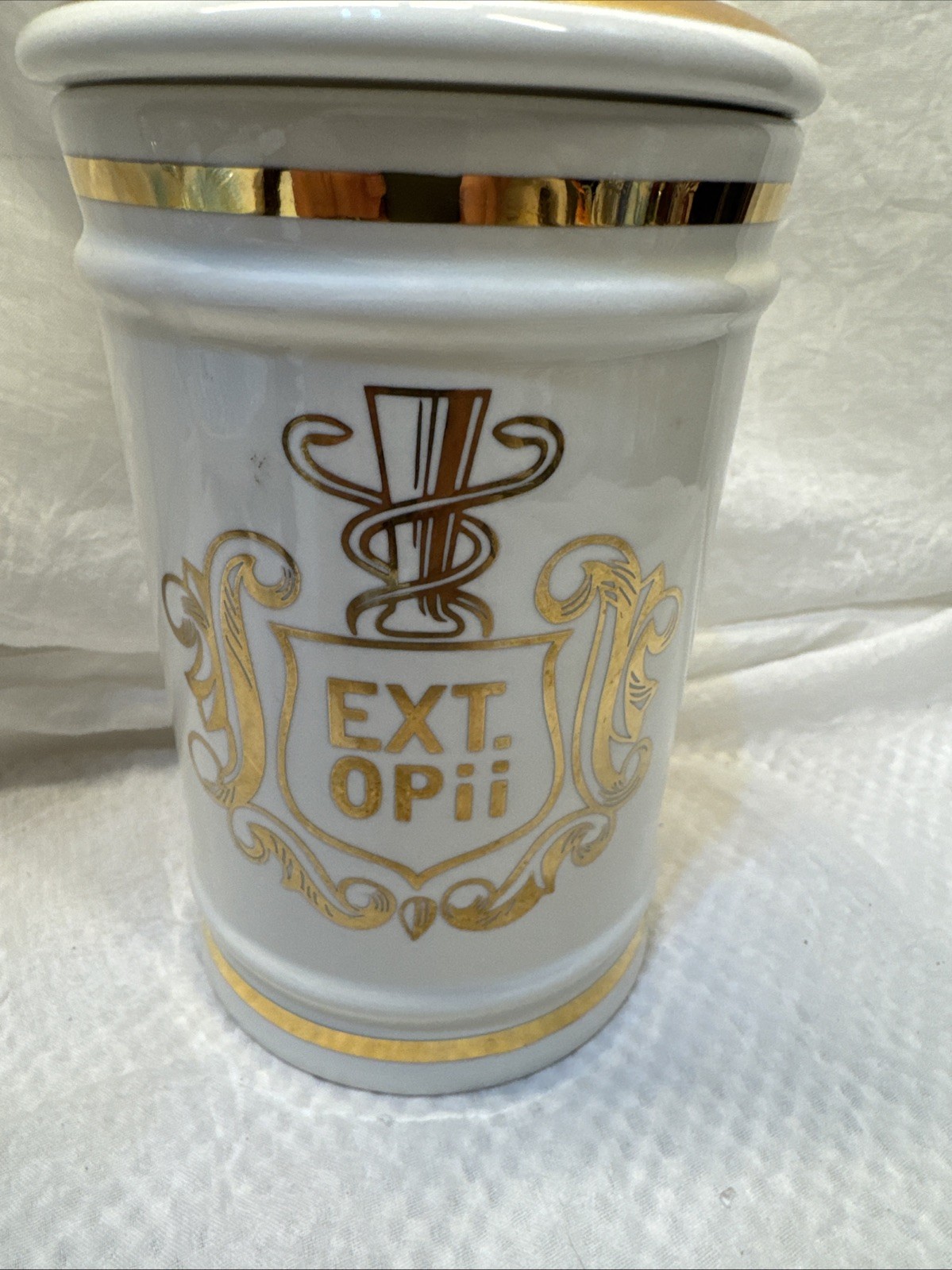 Vintage Pharmacy EXT OPii Canister Jar w/ Lid-Cream & Gold Trim-Owens Glass IL