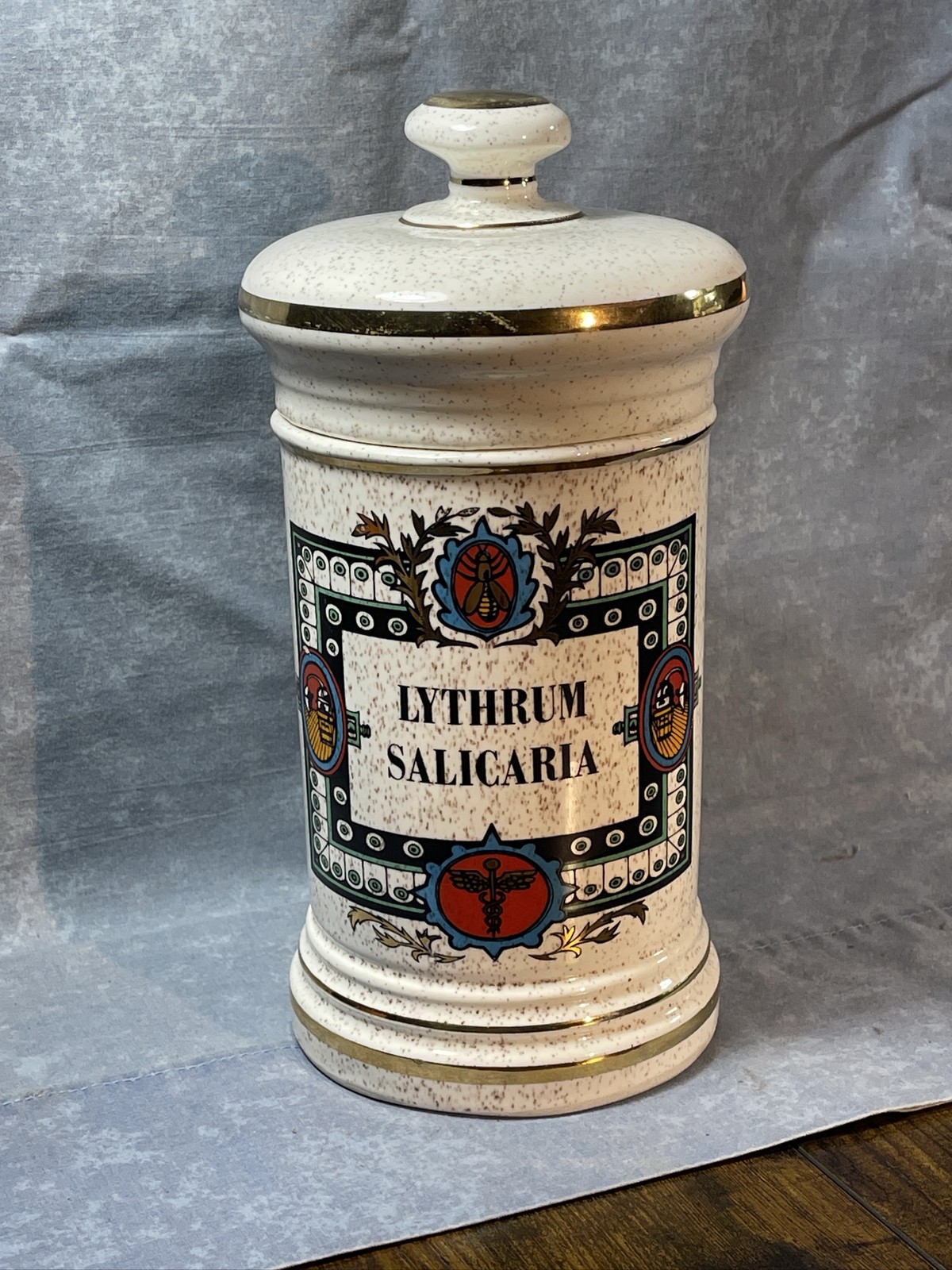Ceramic Apothecary Pharmacy Jar Lythrum Salicaria Lidded Canister