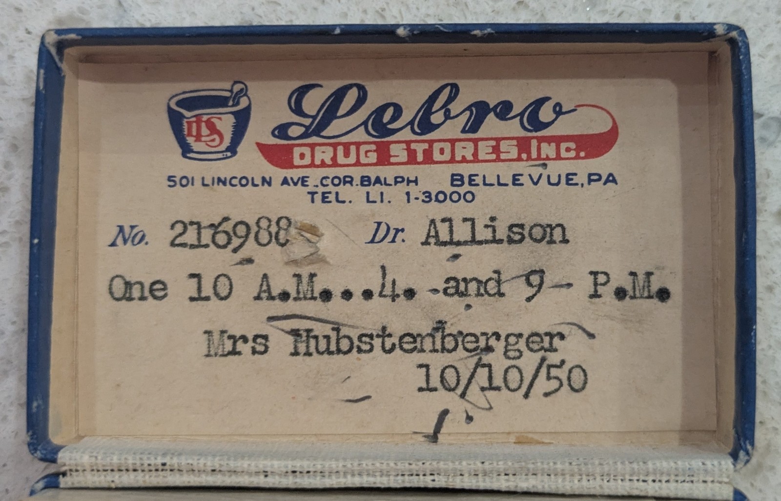 Vintage 1950 Pharmacy Pill Box Lubro Drug Store Bellevue PA Pittsburgh Ephemera