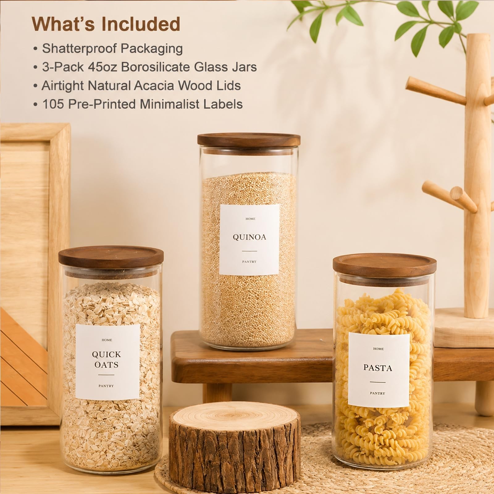 Set of 3 Glass Pantry Jars with Acacia Wood Lids, 45oz Airtight Glass Kitchen…