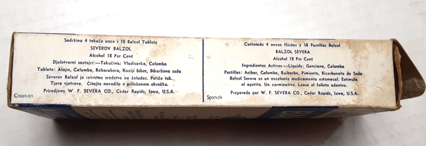 Vintage 1930’s-40’s SEVERA’S BALZOL Stomachic~W.F./Cedar Rapids, IA~18% Alcohol