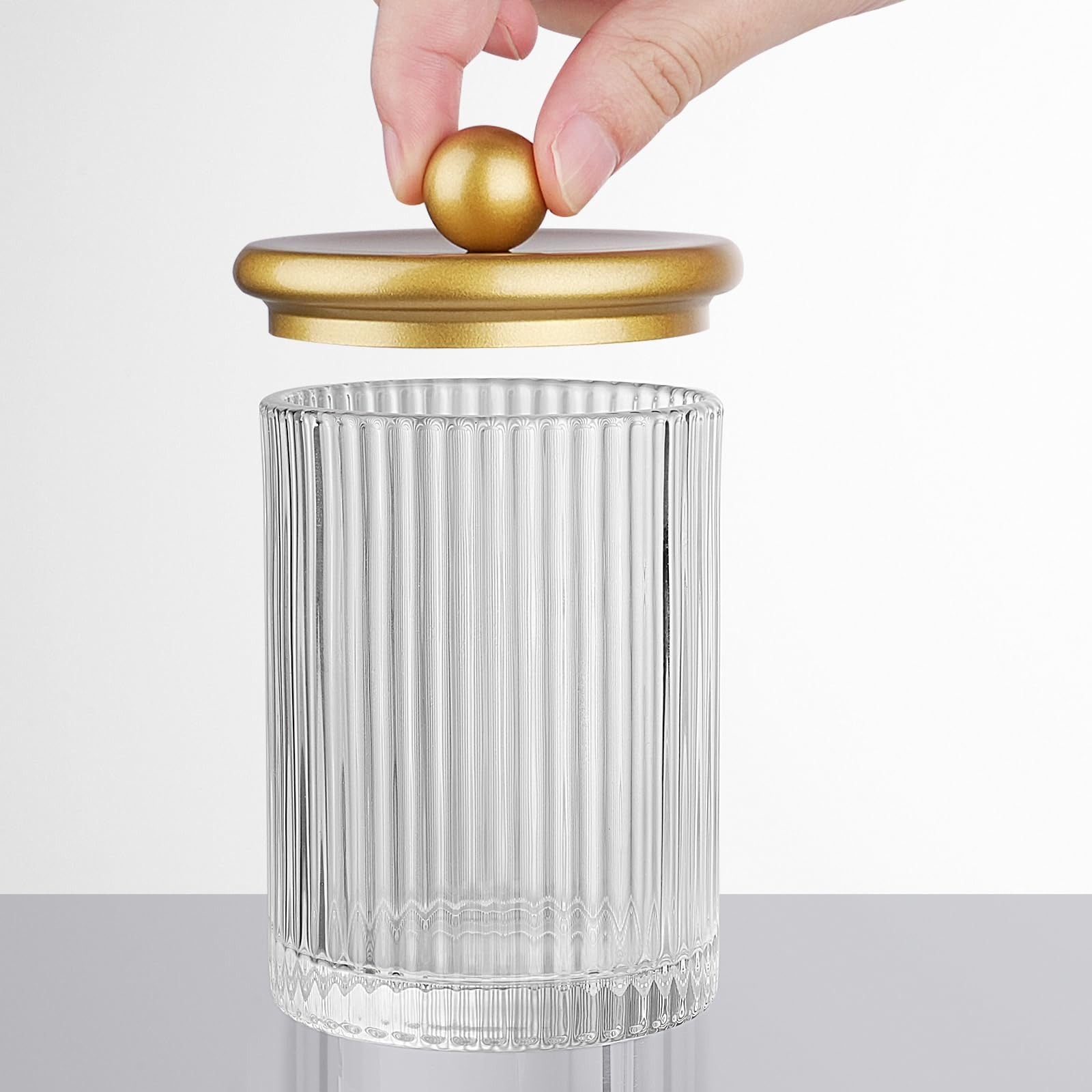 SheeChung 2-Pack Gold Ribbed Glass Qtip Holder – Apothecary Jars Bathroom Org…