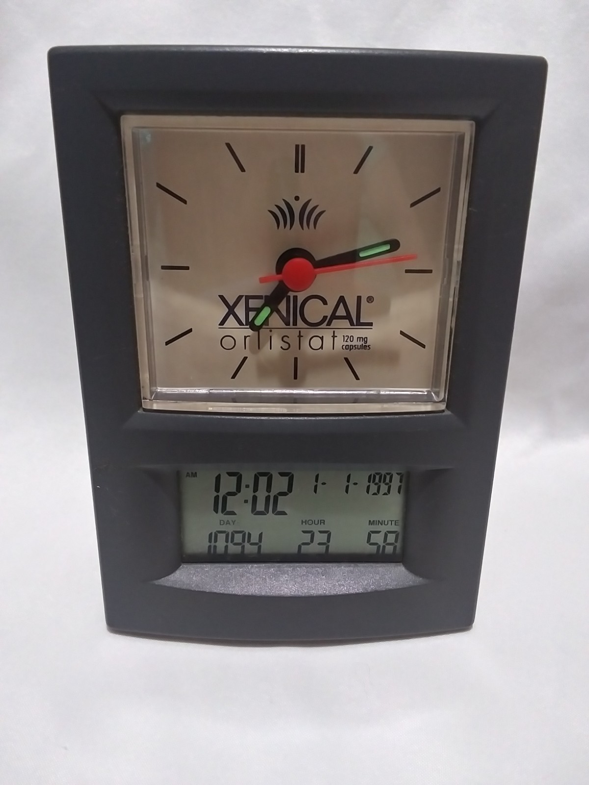 Vintage 1990s Xenical Drug Rep Desk Clock Digital Date T Analog Hands Glow WORKS