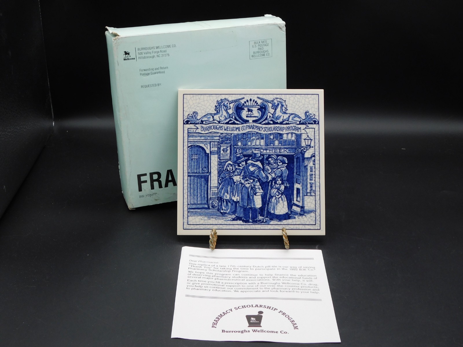 Delft Porcelain Pill Tile Burroughs Wellcome Co. Pharmacy Scholarship Apothecary