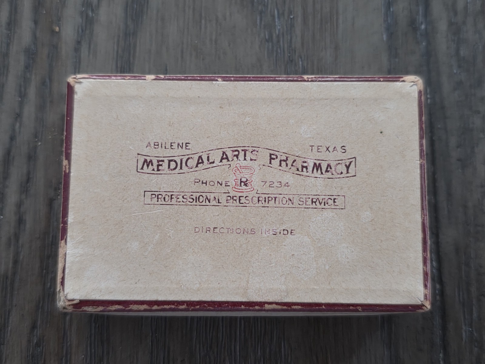 Vintage Rare 1945 Prescription Pill Box Medical Arts Pharmacy Abilene Texas TX