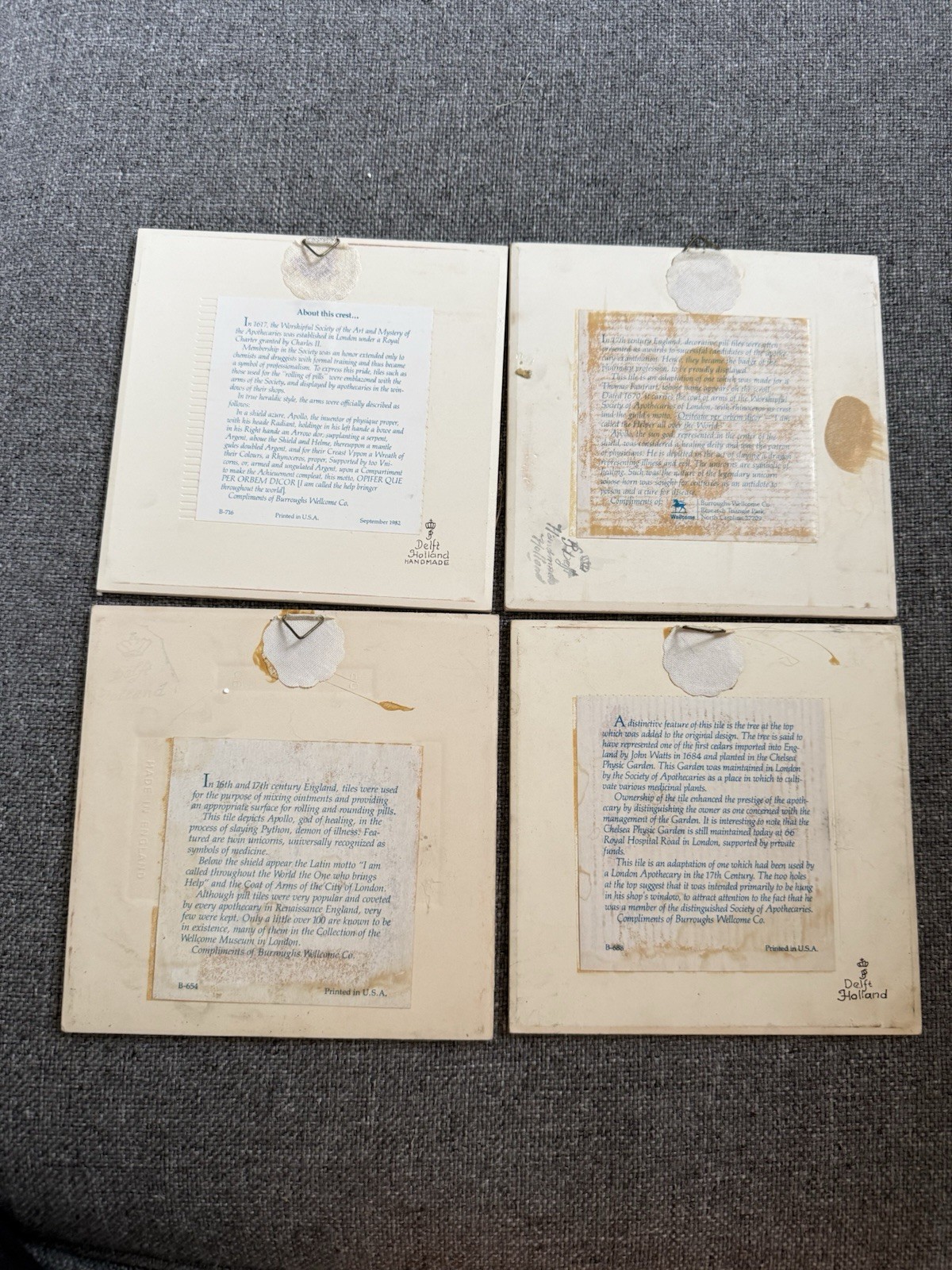Vintage Delft Holland Apothecary Tiles Burroughs Welcome Crest Plaques 6”