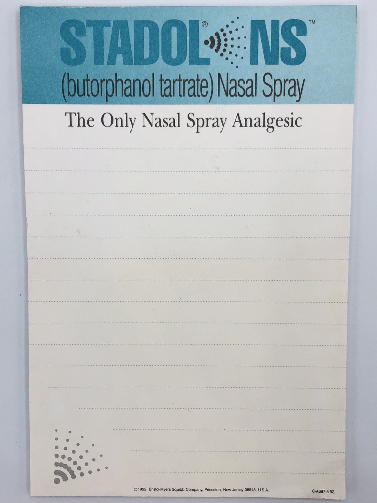 Retro 1992 Drug Rep STADOL NS Notepad 49 Pages Bristol-Myers Squibb Vtg Medical