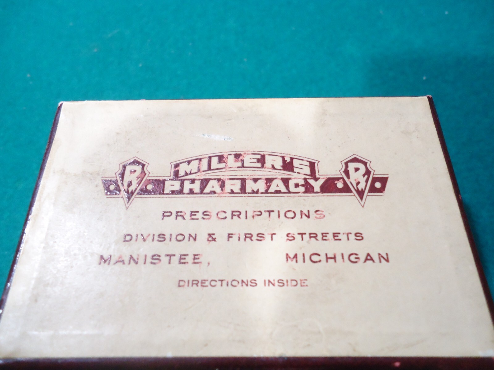 Cardboard MILLER’S PHARMACY Manistee Prescription Drug Pill Hinged Box .Ogilvie.