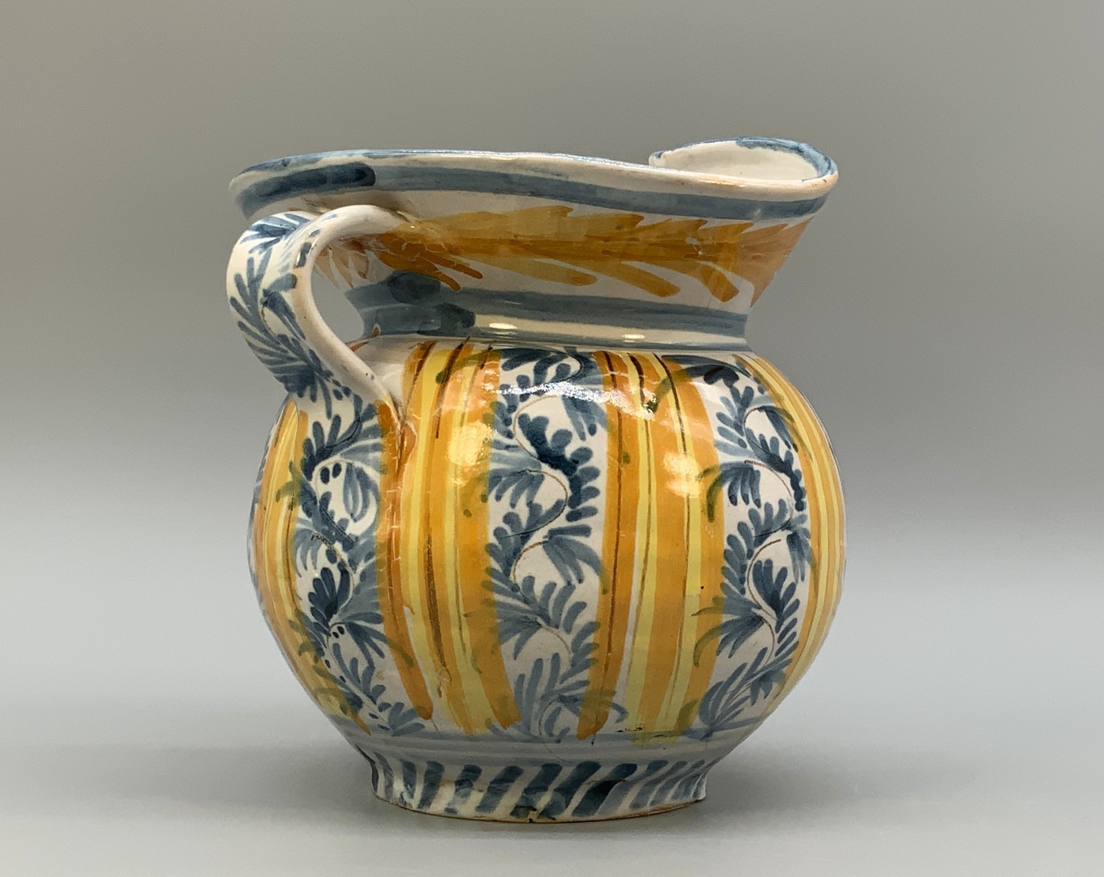 Italian Majolica Pharmacy Jug Polychrome, Mangonese & Yellow 19thC Delft Faience