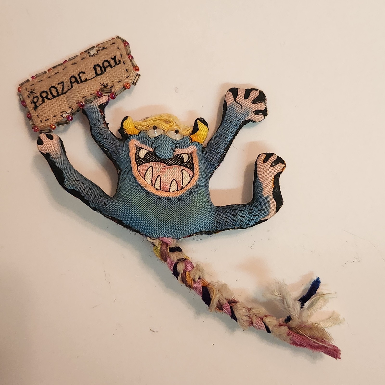 Vintage Hand Made ” Prozac Day ” Cloth Stuffed Goblin Monster Googley Eyes Pin