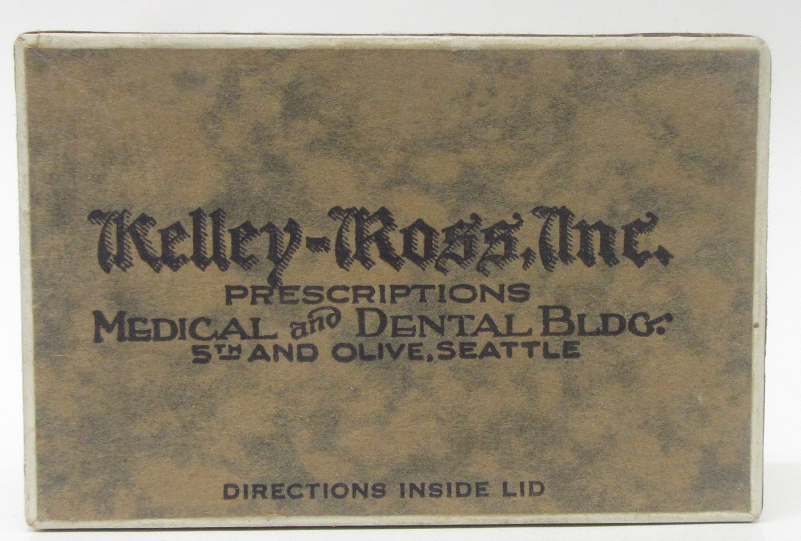 brown 1937 PRESCRIPTION BOX Kelley-Ross Inc Pharmacy Seattle Wash. DR. UNDERWOOD