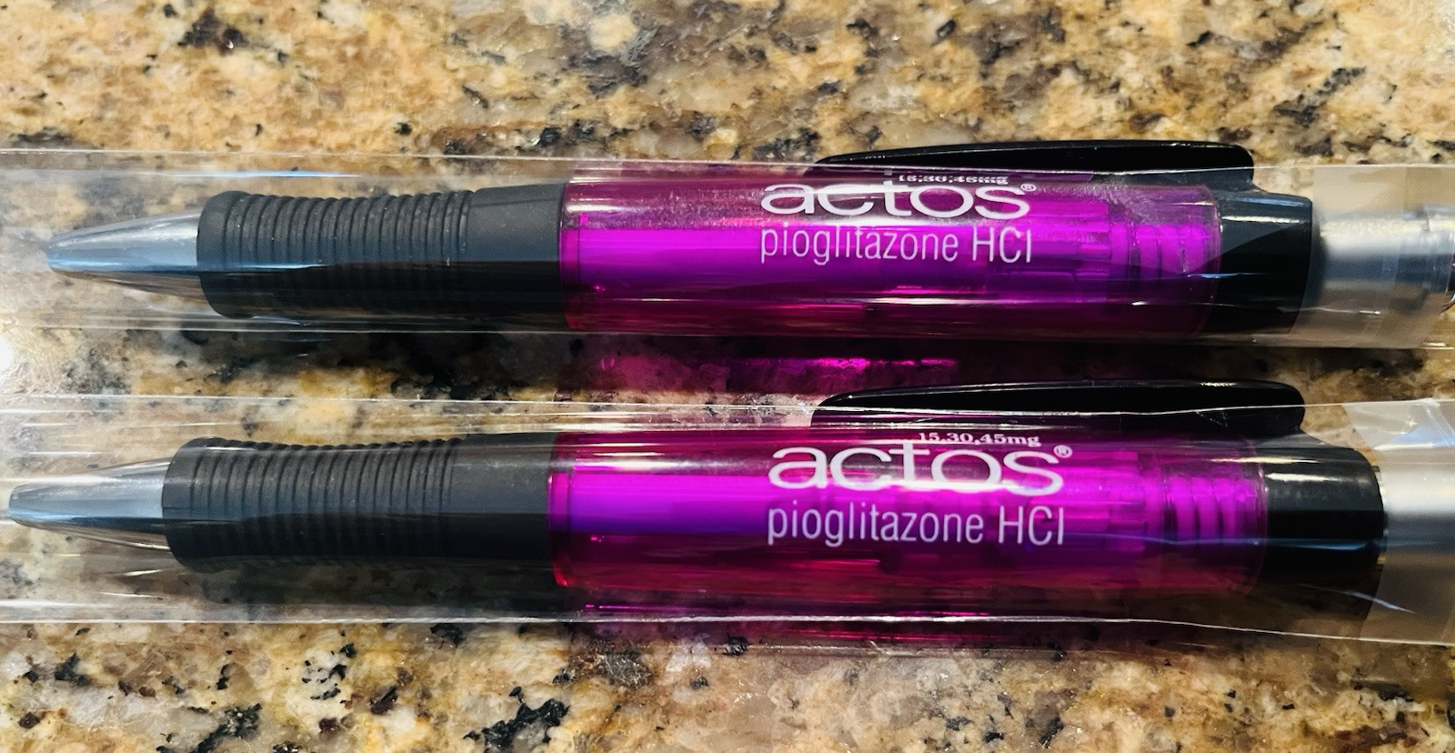 2 Clear Pink Actos Pharmaceutical Drug Rep Pens. Collectible. Write