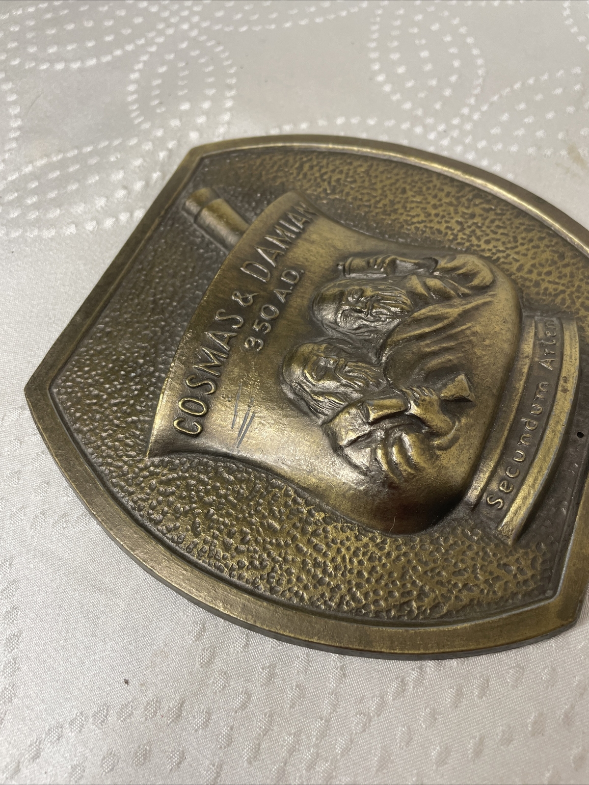PHARMACEUTICAL PROMO 1980 Cosmas & Damian 350 AD Secundum Artem RX Brass Plaque