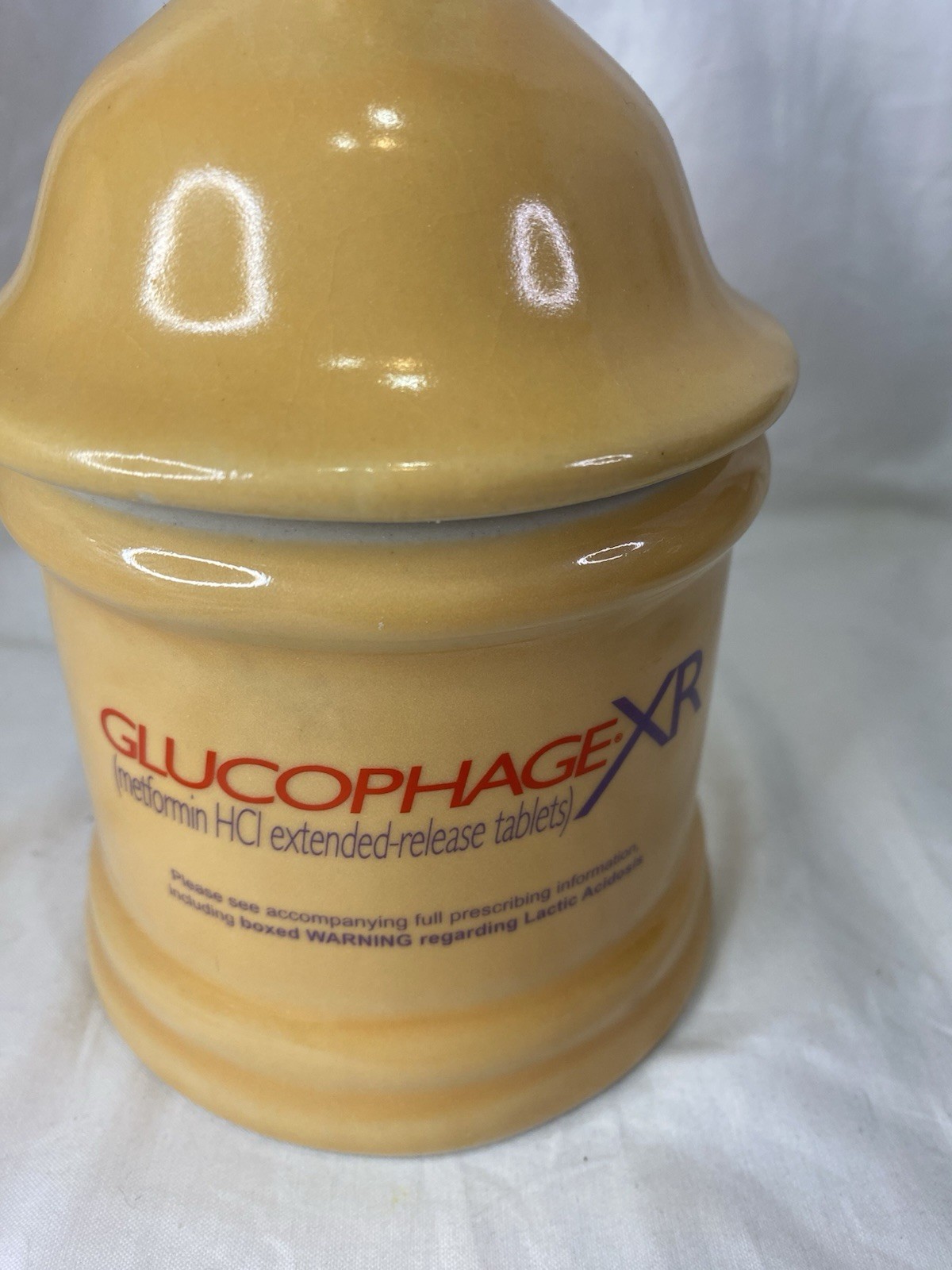 Vtg GLUCOPHAGE XR Pharmaceutical Advertisement Yellow Lidded Urn Apothecary Jar