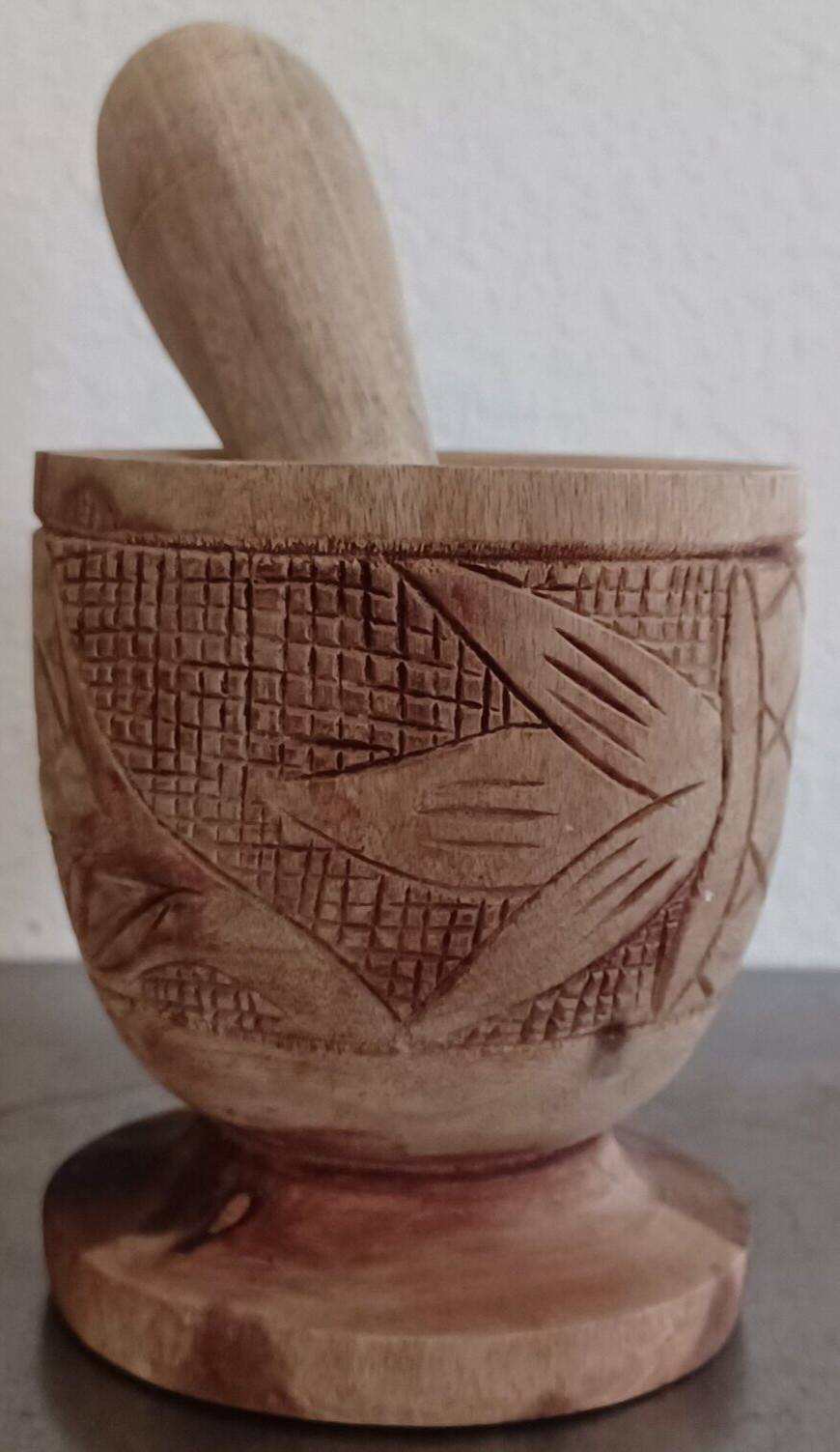 Hand Carved Wood Footed Mortar And Pestle Apothecary Grinder 4.5″ Tall Vintage