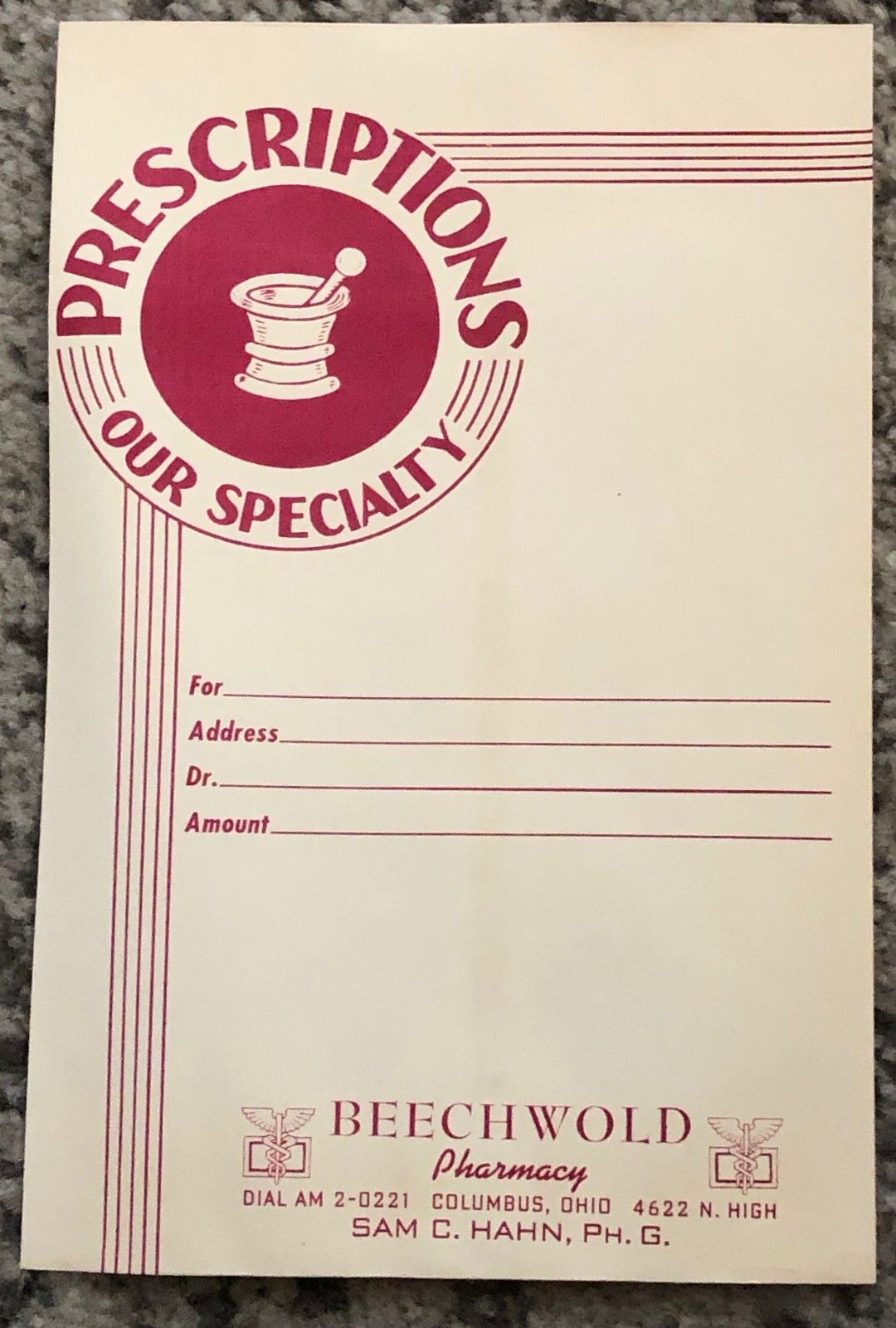 Sam Hahn Beechwold Pharmacy Drugstore Bag 1940s Vintage RX Medicine Envelope