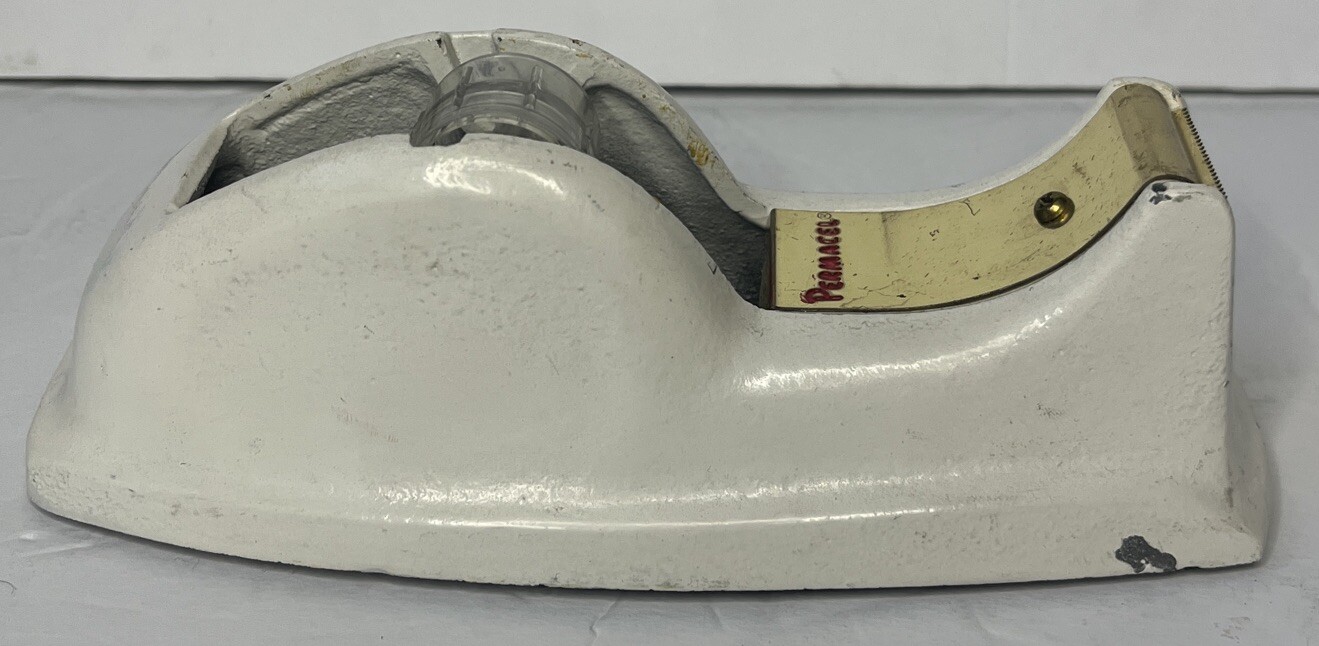 Vintage Permacel Advertising Medicine Cast Iron Desk Tape Dispenser. White