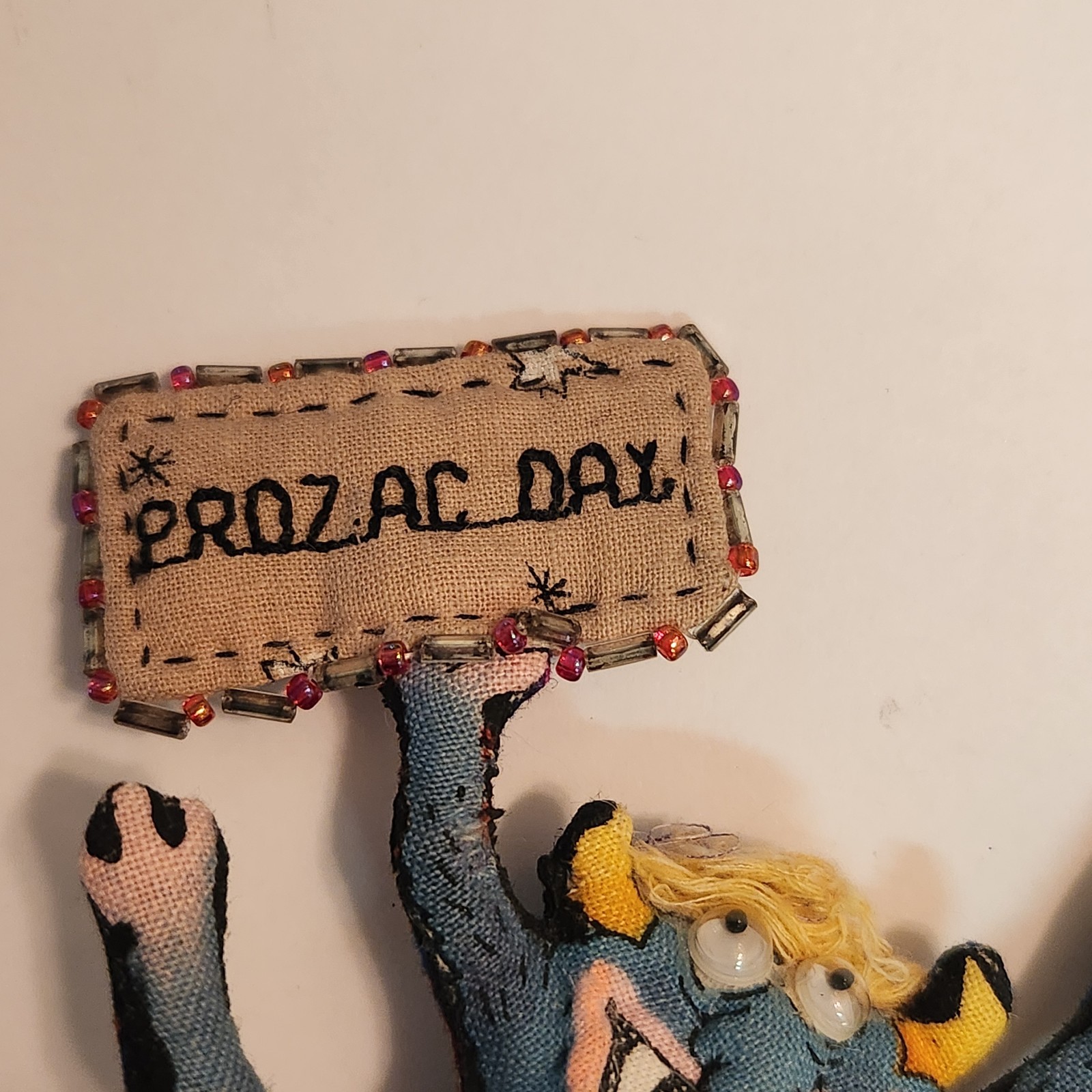 Vintage Hand Made ” Prozac Day ” Cloth Stuffed Goblin Monster Googley Eyes Pin