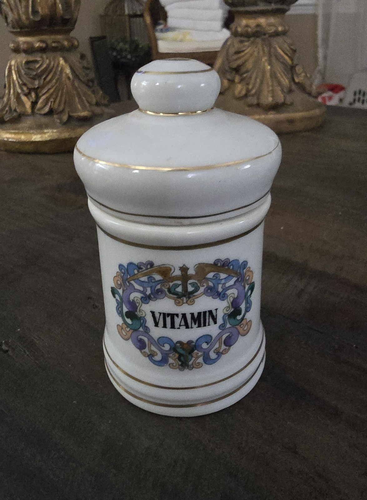 1950’s Apothecary Jars Home Bath Set/2 Vitamin and Bandaid Gold Trim