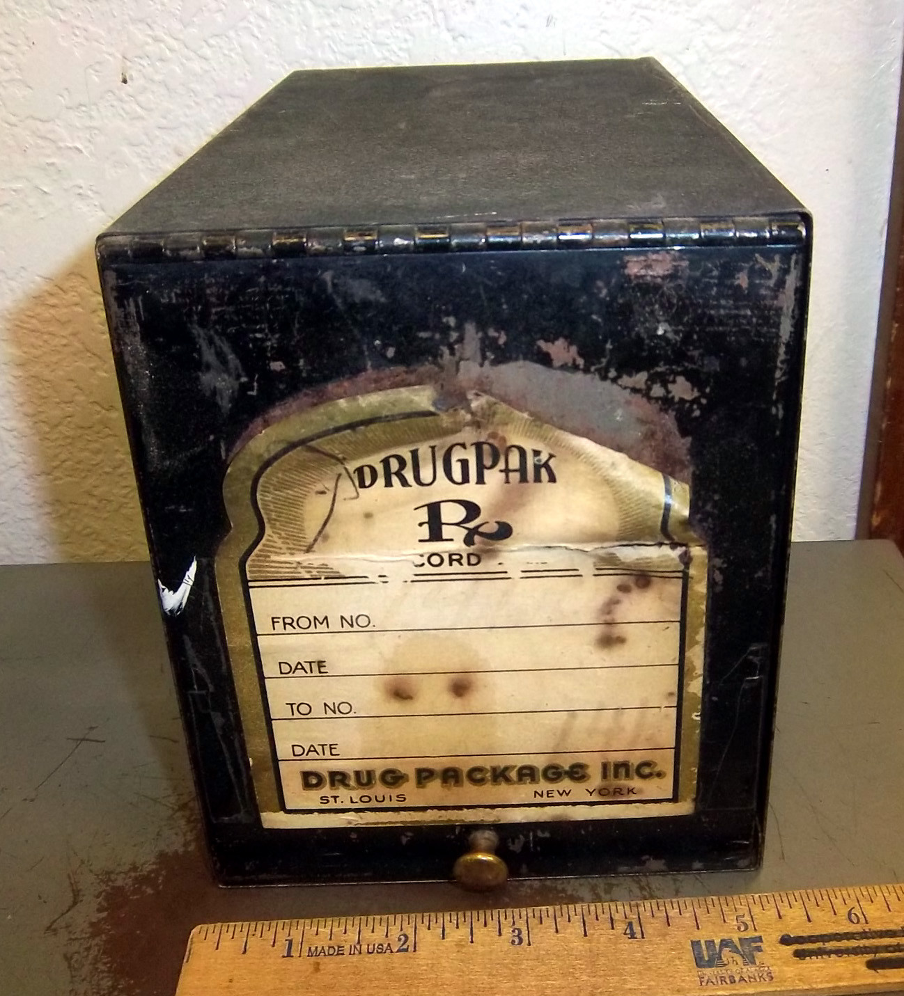 Vintage Pharmacy prescription metal box Drugpak, St Louis, New York, paper label