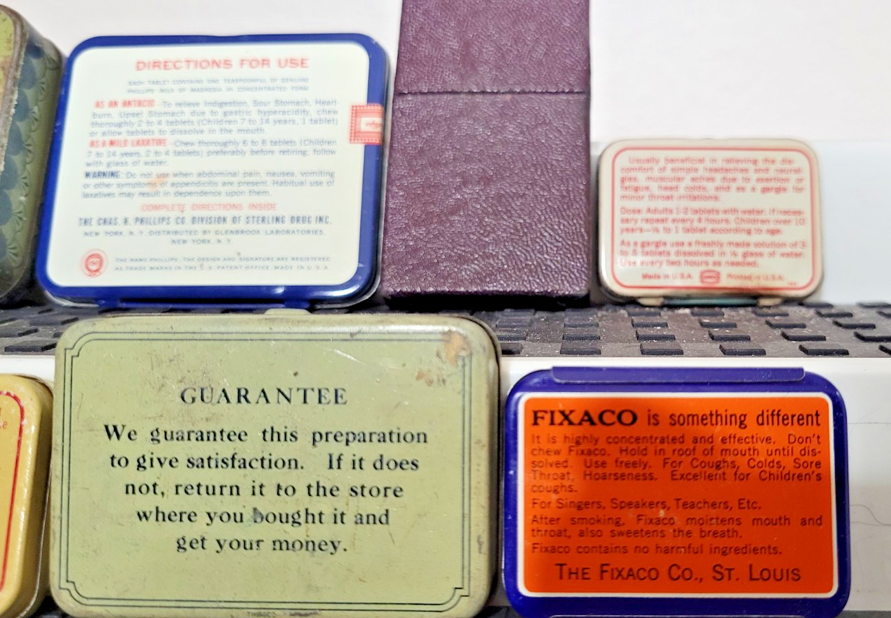 Vintage -Unique- 9 medicine advertising tins Rexall, Fixaco, Laymon’s +6