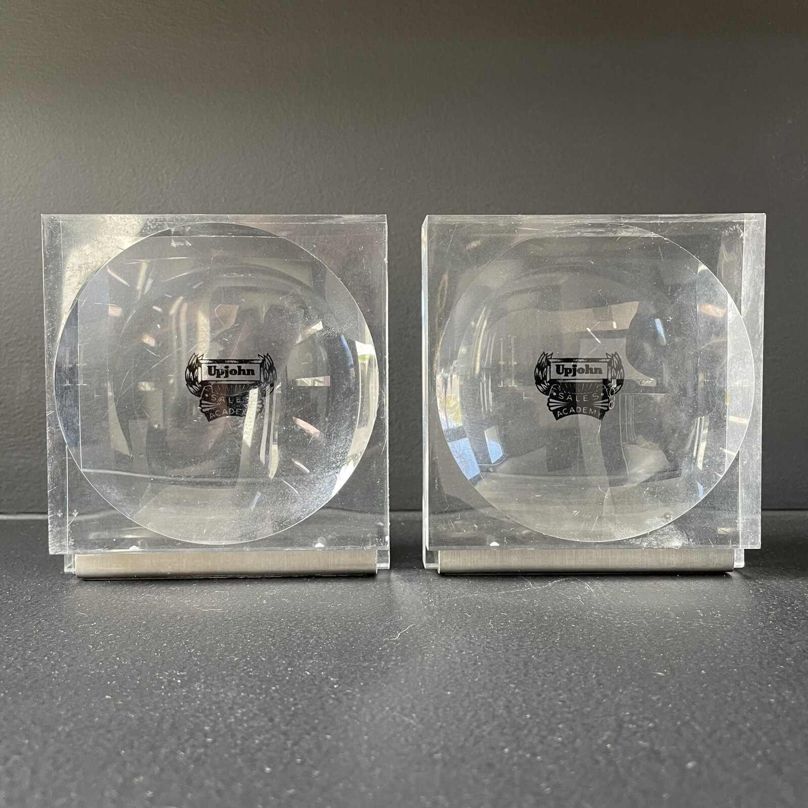 Vintage Upjohn Pharmaceutical Company Lucite Block Bookends Advertising Branding