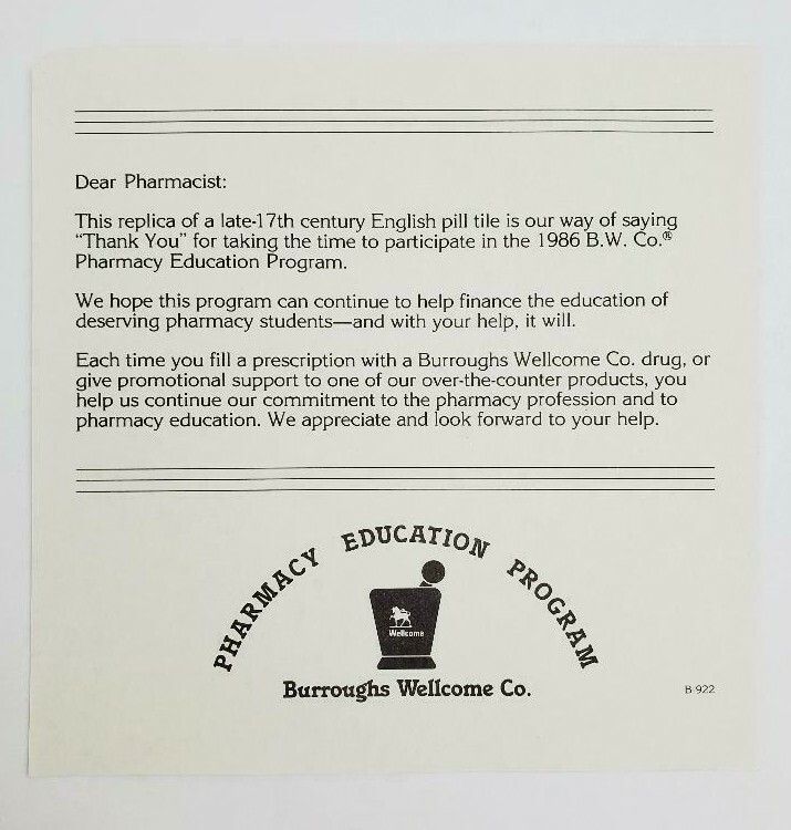 Burroughs Wellcome – Delft Holland Handmade Tile Pharmacist Recognition 1986
