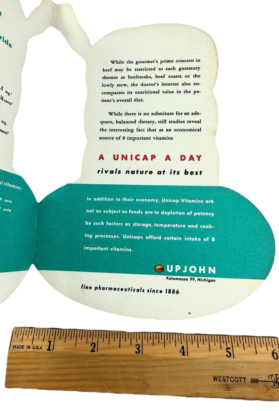 1940s UPJOHN Pharmaceuticals UNICAP VITAMINS Die Cut Food Vintage Advertisement