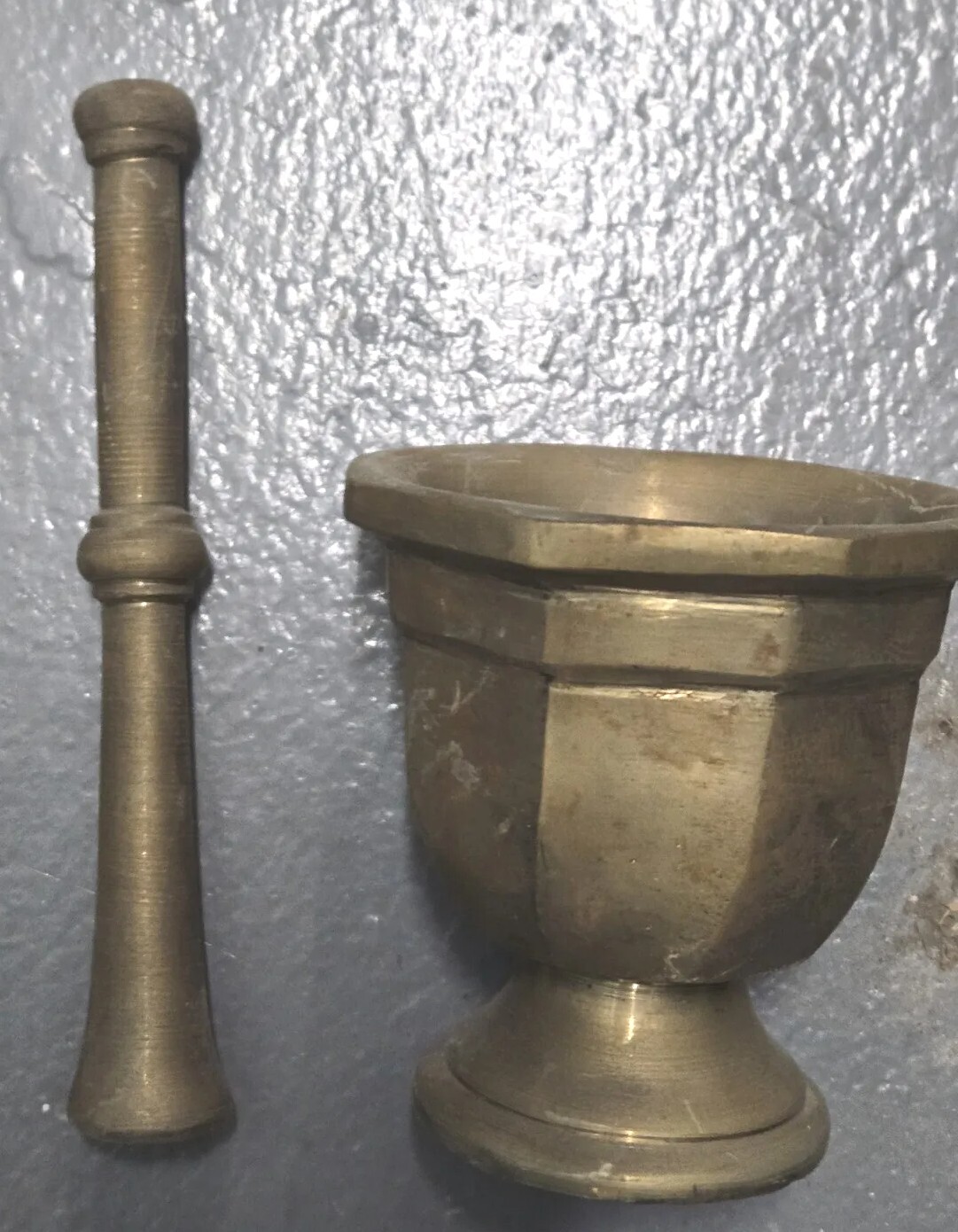 Antique Hexagon Brass Mortar & Pestle Pharmacy Druggist Tool Drug Herbs 19 C.