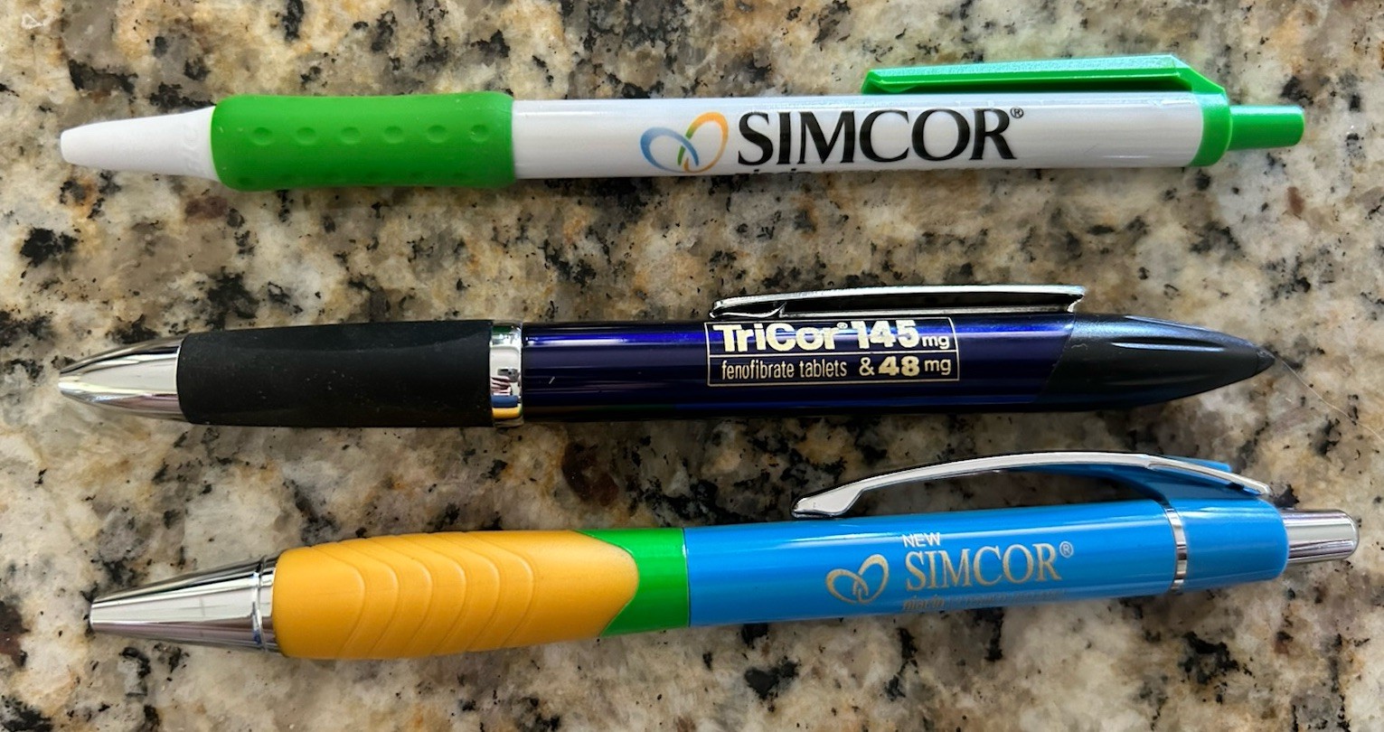 3 NEW PENS Simcor Tricor Promo Drug Rep Giveaways Black Ink Never Used